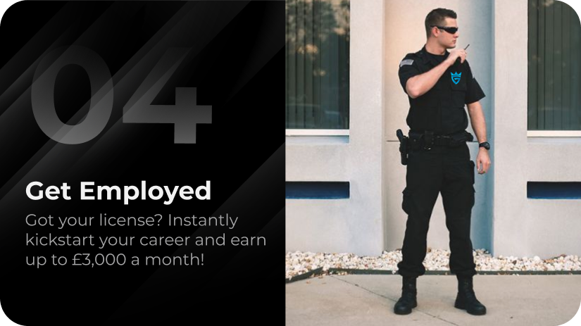 Security guard with headset standing near glass building
