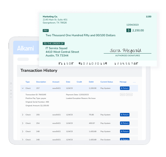 Check Positive Pay feature on Alkami Treasury Management Solution