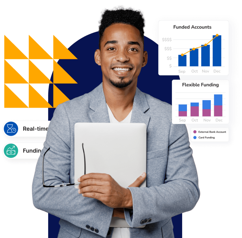 Data-First segment image. Business man with laptop. Using data to analyze digital banking business results.