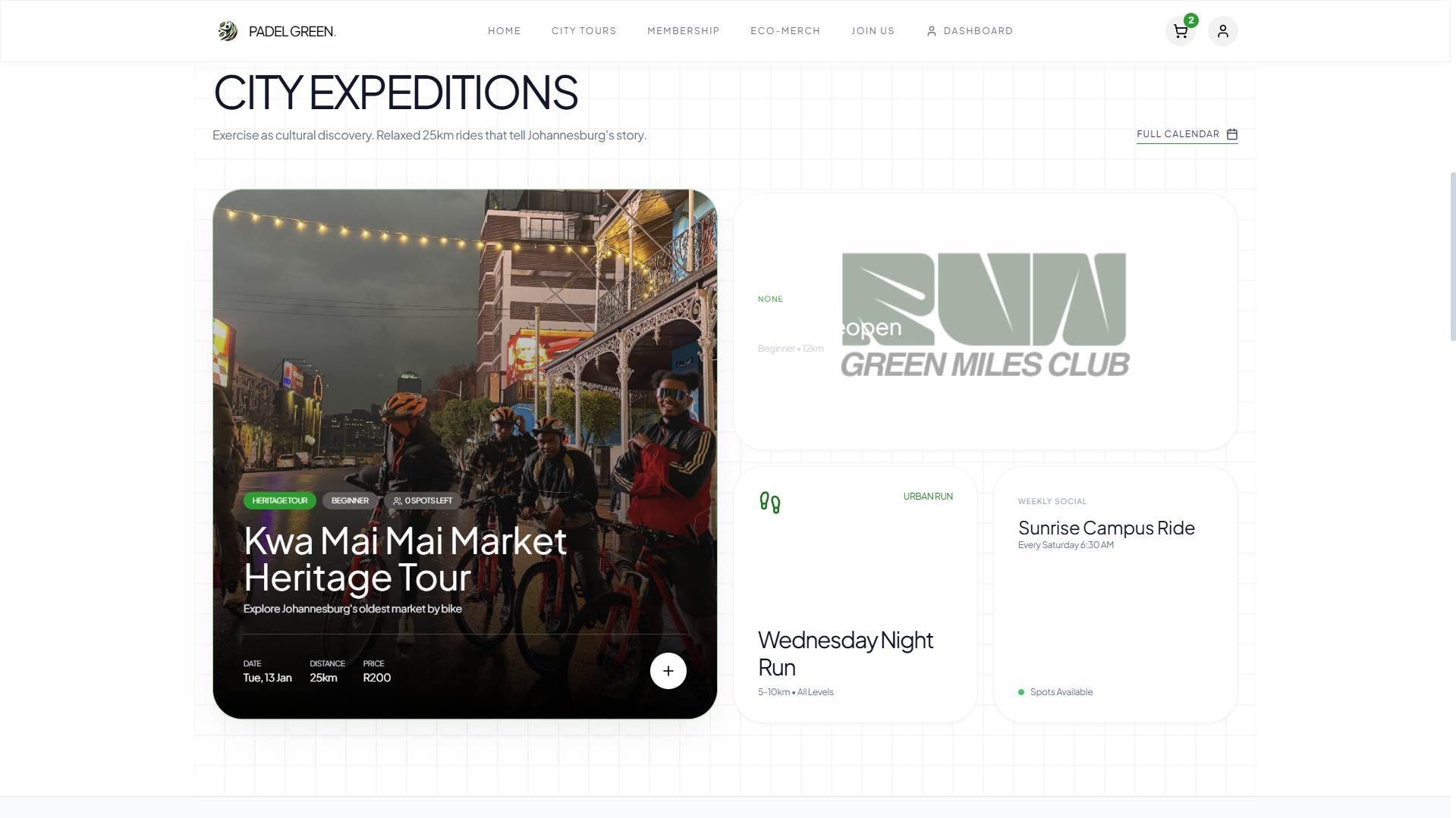 Padel Green homepage showing sustainable cycling community features