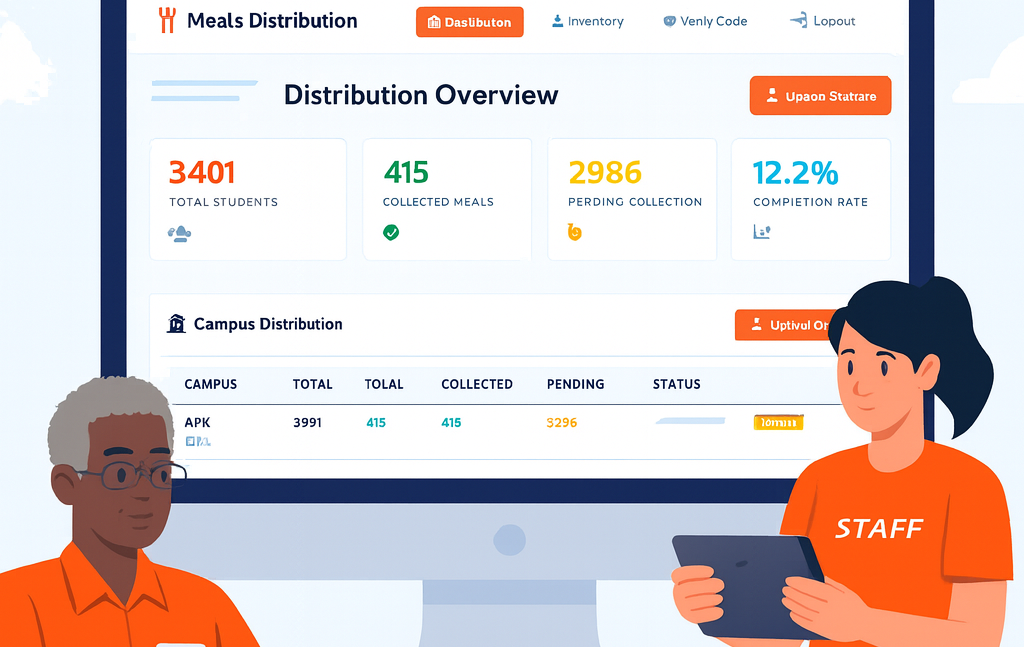Meals distribution system dashboard showing real-time inventory