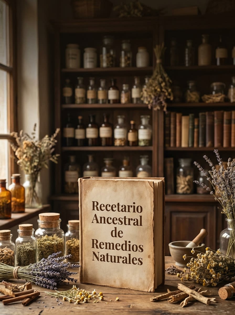 composición full-bleed de una librería/botica con frascos de hierbas medicinales, plantas secas y el libro 'Recetario Ancestral de Remedios Naturales' en primer plano, iluminación cálida, estilo fotográfico realista y editorial