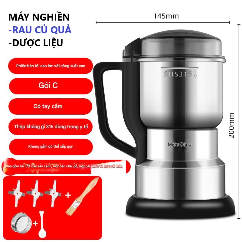 Máy xay củ quả hạt khô, Máy nghiền dược liệu gia vị mini gọn nhẹ bằng inox 316 an toàn sức khỏe