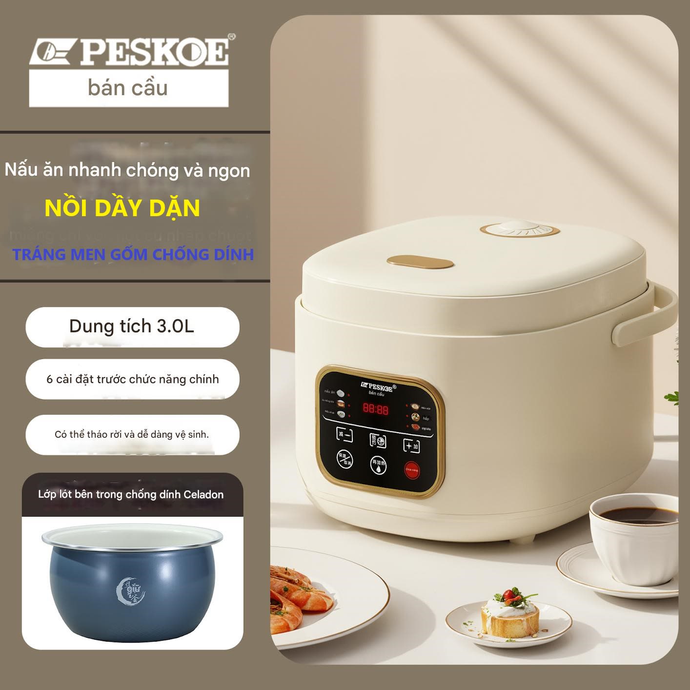 Nồi cơm điện PESKOE Thông minh 6 chức năng nồi 3 lít dầy dặn tráng men gốm chống dính nấu cơm ngon
