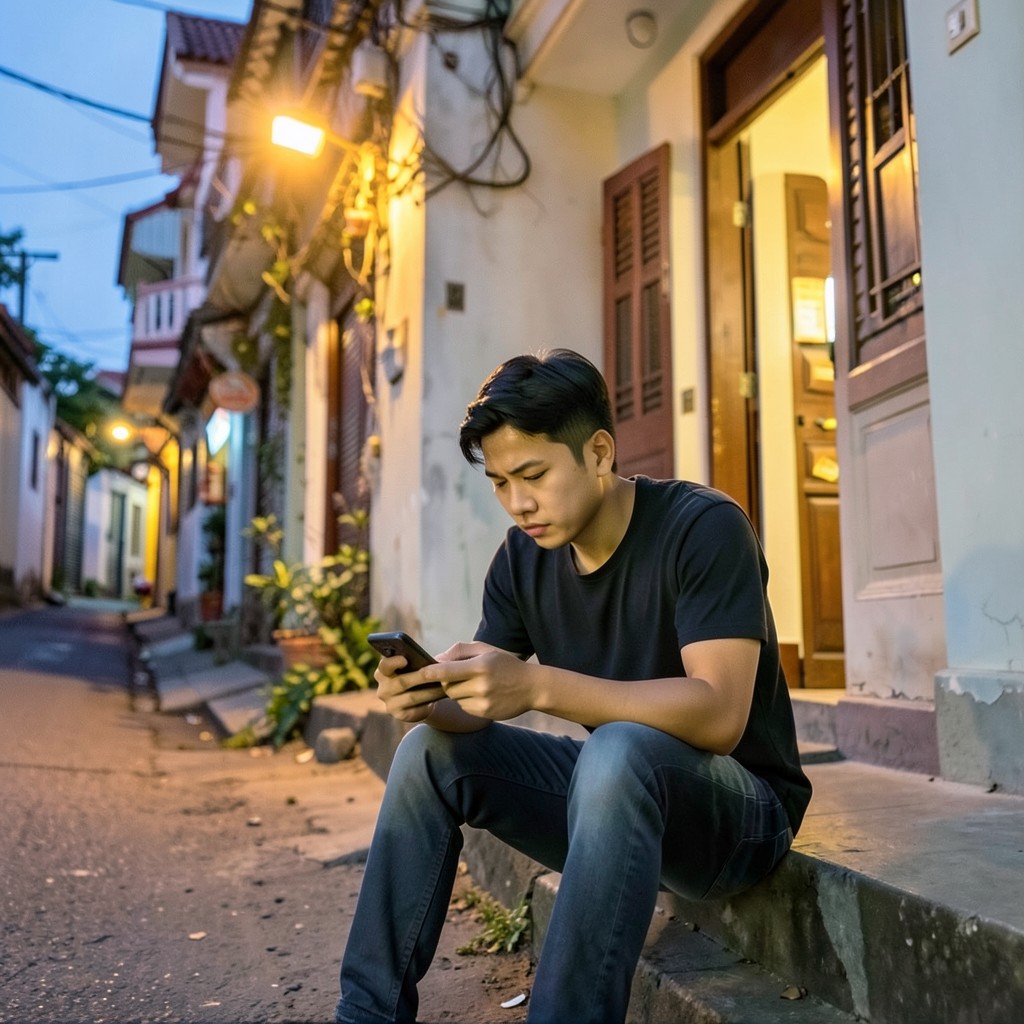 Một người đàn ông Việt trẻ ngồi ở bậc thềm trước nhà buổi tối, nhìn màn hình điện thoại đang mở một cuộc trò chuyện chỉ có đúng một dòng tin nhắn chưa được trả lời