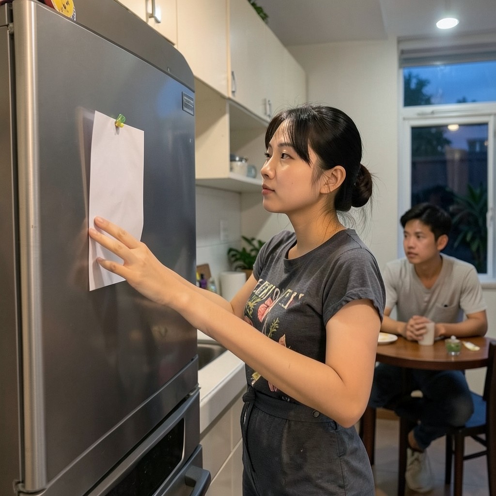 Một cặp đôi Việt trẻ trong căn bếp nhỏ buổi tối, cô gái đứng nhìn tờ giấy dán trên cánh tủ lạnh — minh họa chuyện đọc kết quả trắc nghiệm tính cách Big Five trong tình yêu
