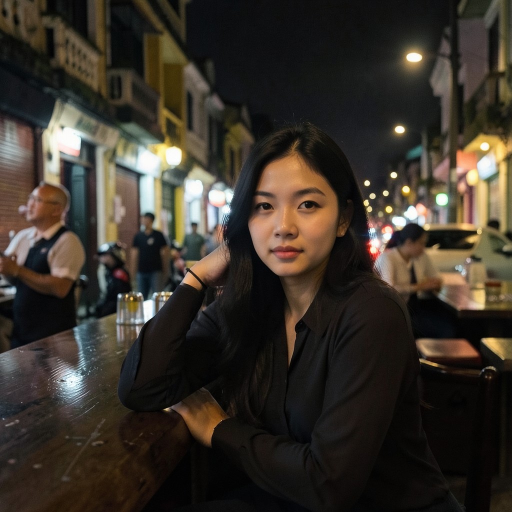 Một cô gái Việt ngồi một mình bên bàn quán bar vỉa hè phố cổ Hà Nội buổi tối, nhìn về phía trước với vẻ điềm tĩnh và cảnh giác — minh họa việc đọc người ở quán bar