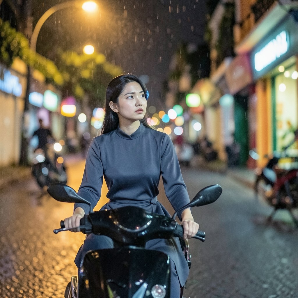 Một cô gái Việt ngồi phía sau trên xe máy giữa phố Huế buổi tối, ánh mắt nhìn xa và trầm ngâm — minh họa ranh giới giữa ghen tuông và kiểm soát trong tình yêu