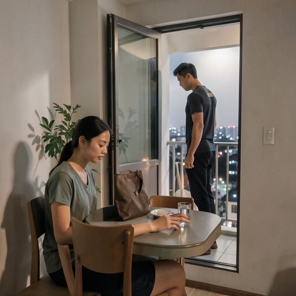 Hai người ngồi ở hai đầu một chiếc bàn ăn nhỏ trong căn hộ buổi tối, quay mặt đi hai hướng khác nhau — minh họa khoảnh khắc tạm dừng giữa một cuộc tranh cãi