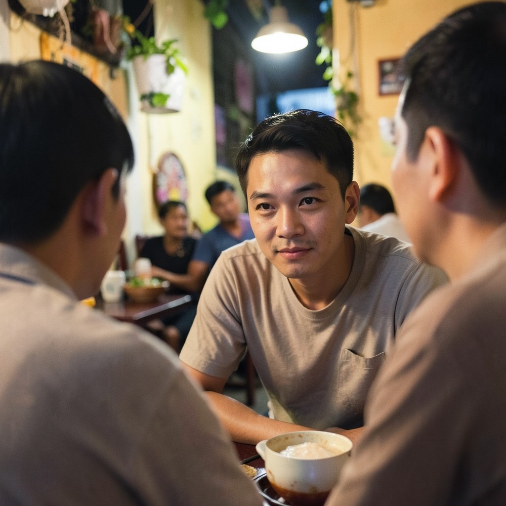 Một người đàn ông Việt trẻ ngồi nghe người đối diện nói trong một quán ăn nhỏ buổi tối, tư thế hướng về phía người kia — minh họa sức hút đến từ cách lắng nghe chứ không phải kỹ thuật