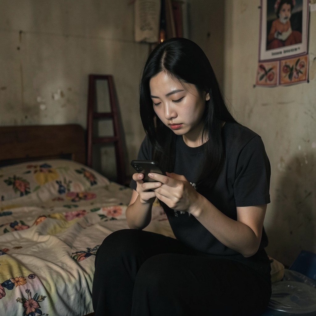 Một cô gái trẻ người Việt ngồi trên mép giường trong phòng trọ buổi tối, cúi nhìn màn hình điện thoại với vẻ do dự — minh họa khoảnh khắc phân vân trước khi gửi một tin nhắn