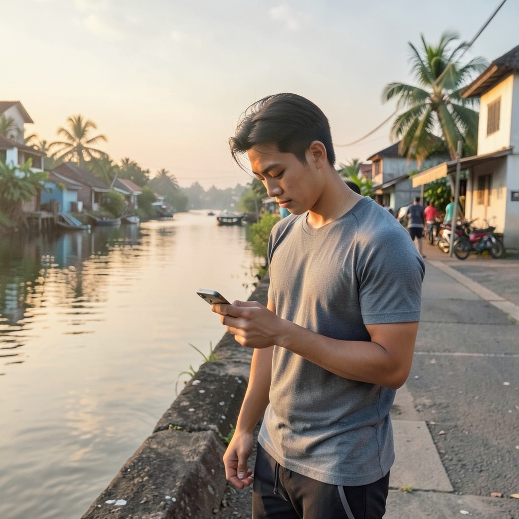 Một chàng trai trẻ người Việt mặc đồ chạy bộ đứng bên bờ kè buổi sáng sớm, cầm điện thoại và nhìn xuống màn hình với vẻ đắn đo — minh họa khoảnh khắc phân vân trước khi nhắn tin cho người mình thích