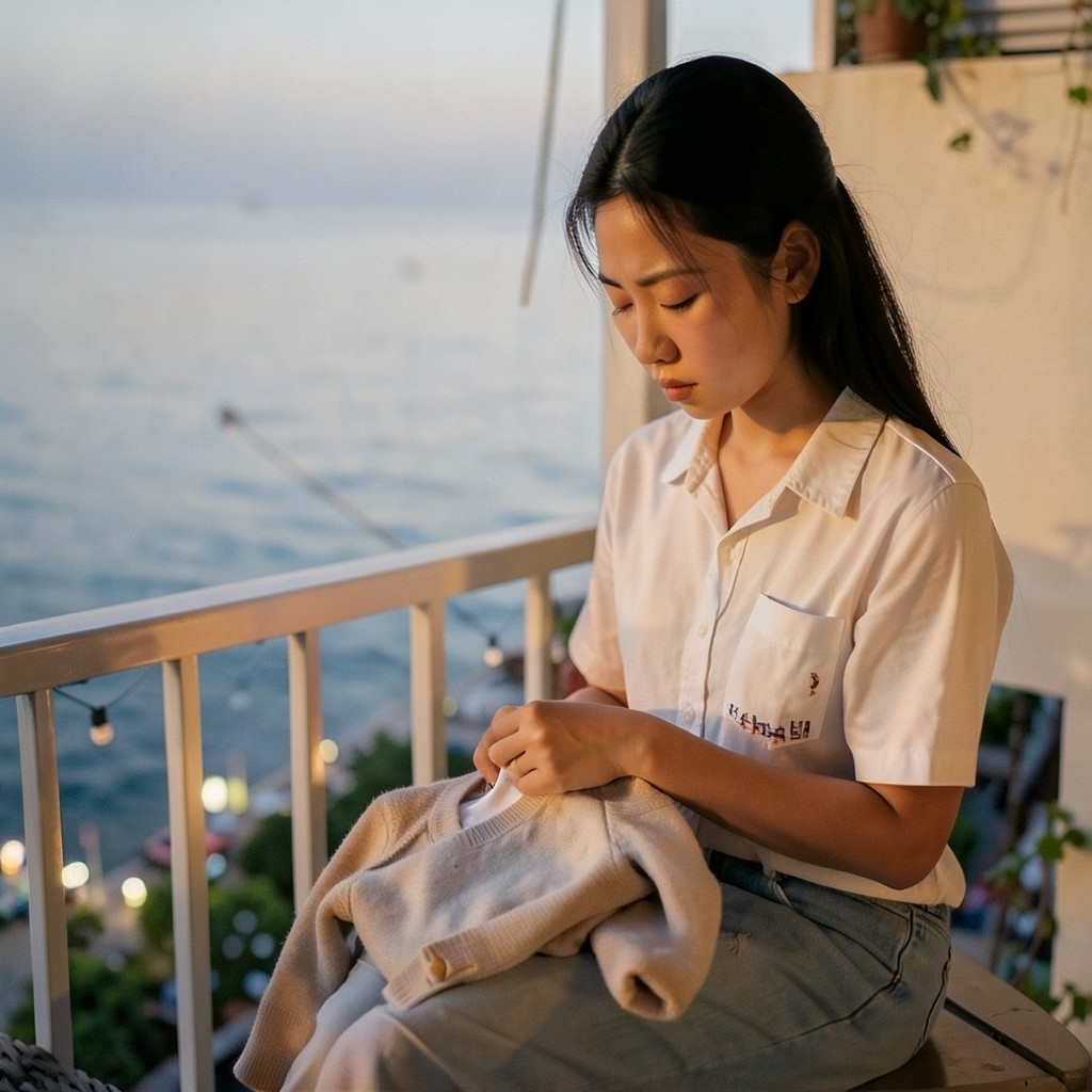 Người phụ nữ Việt ngồi một mình trên ban công lúc chạng vạng, trên đùi là chiếc áo khoác của người cũ — minh họa nỗi đau của người chủ động chia tay
