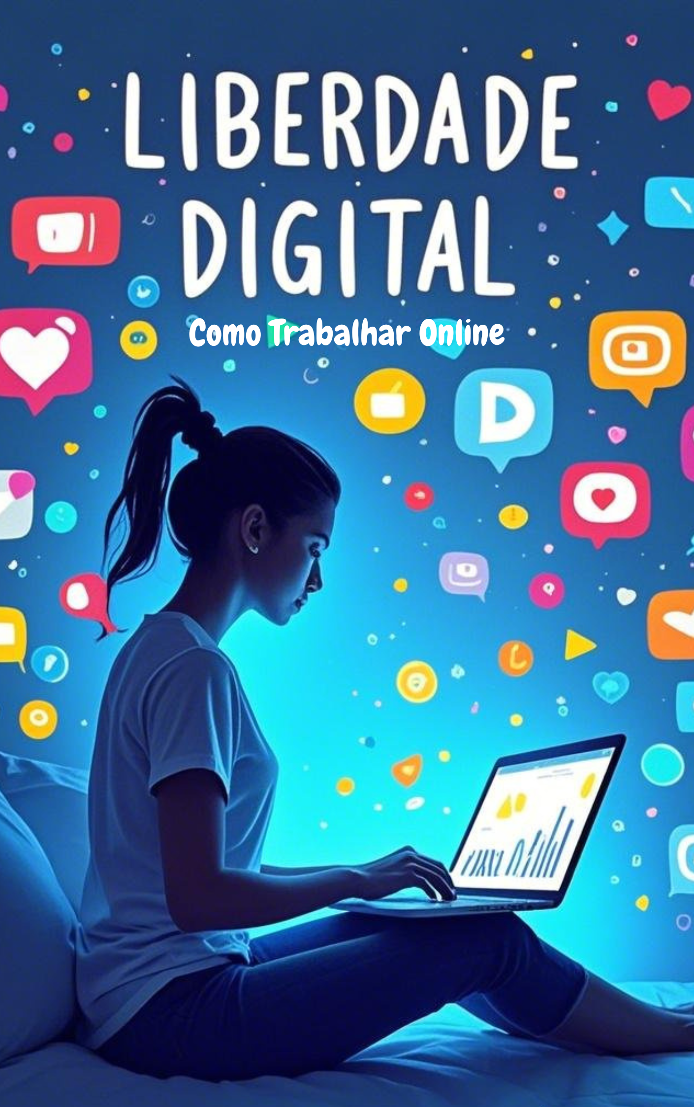 Capa do Ebook Liberdade Digital – Mulher trabalhando no laptop com elementos digitais ao redor