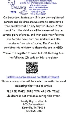 Flyer for Trinity Baptist First Blessing on Saturday, September 19 at Trinity Baptist Church, 800 Jackson Road, Kerrville. Registration details are on the flyer.
