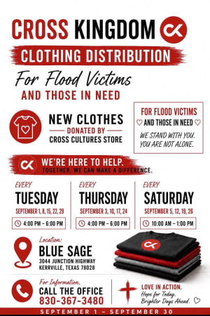 Flyer for the Cross Kingdom clothing distribution at Blue Sage, 3044 Junction Highway, Kerrville, through September 30.
