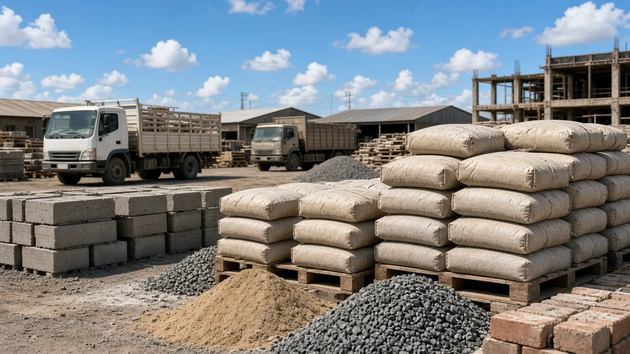 Cement bags and building materials ready for distribution across African markets