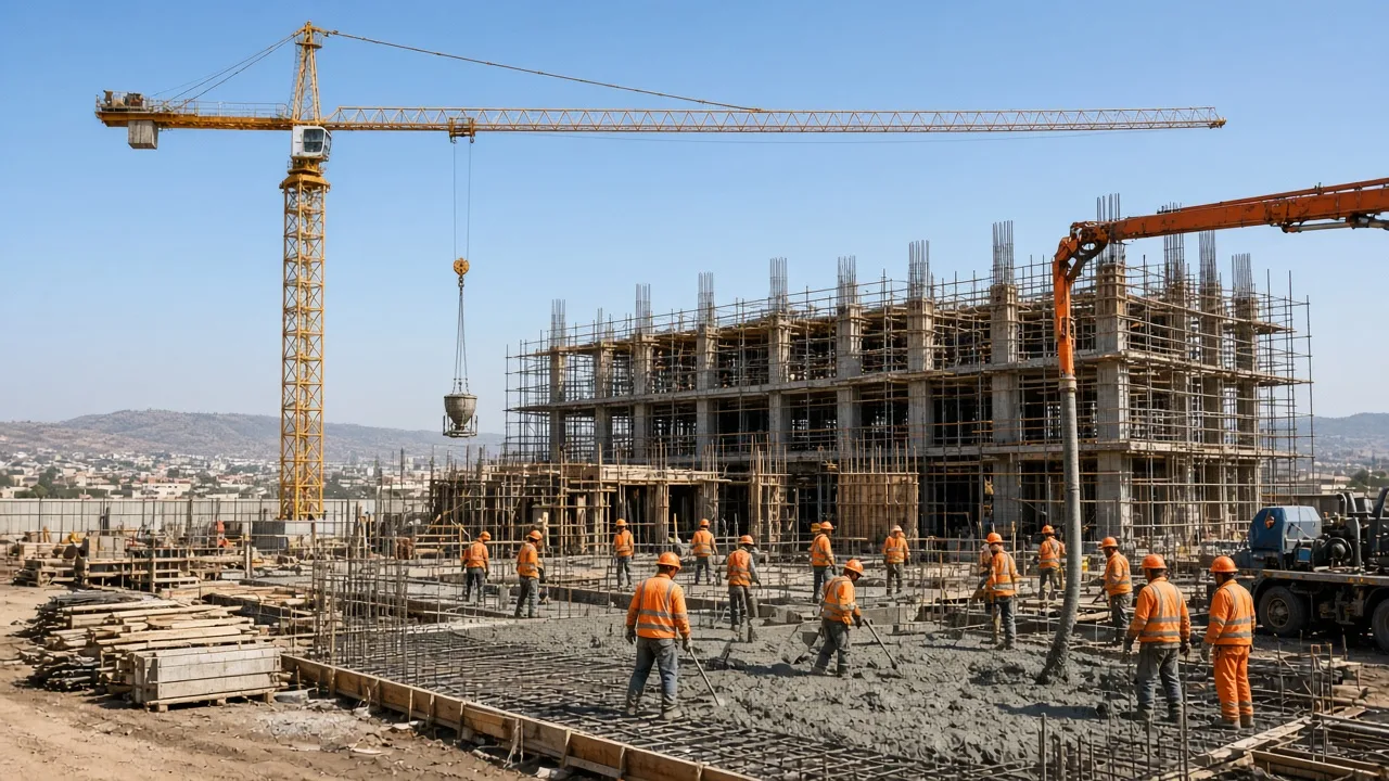 Construction workers and site activity on a large building project in Africa