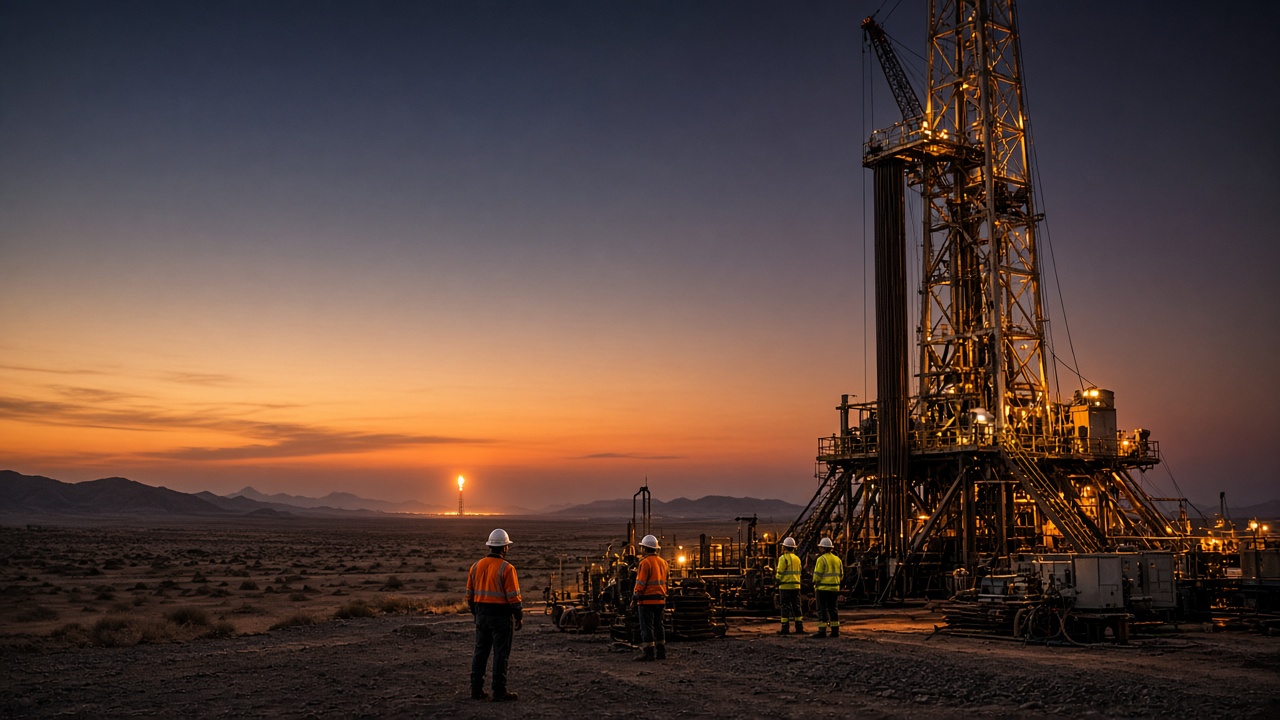Oil and gas drilling operations and crew activity at an African energy project site