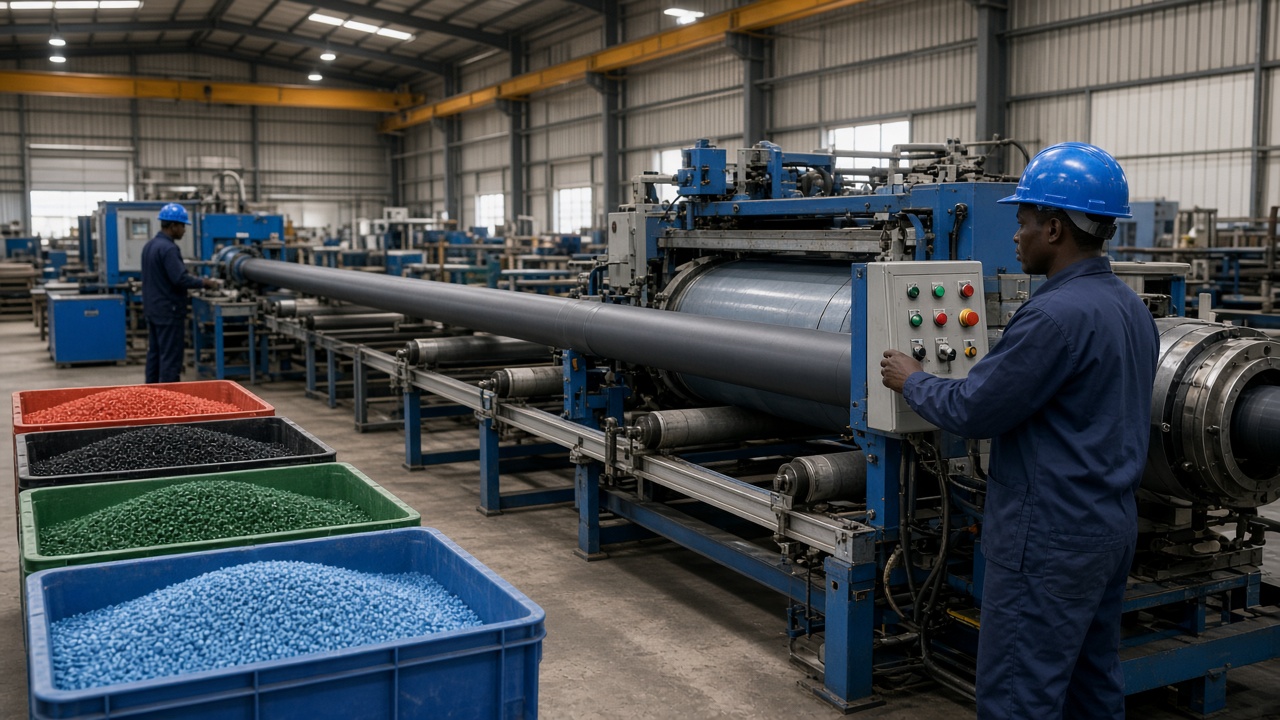 PVC pipe extrusion and plastics manufacturing in an East African factory