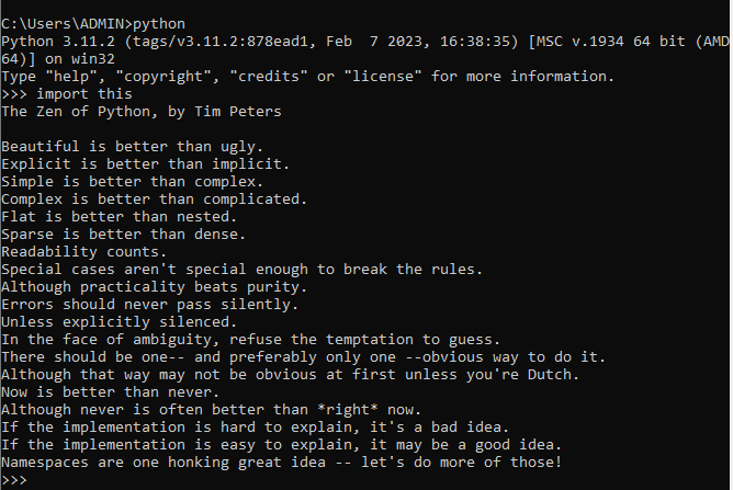the zen of Python from command interface