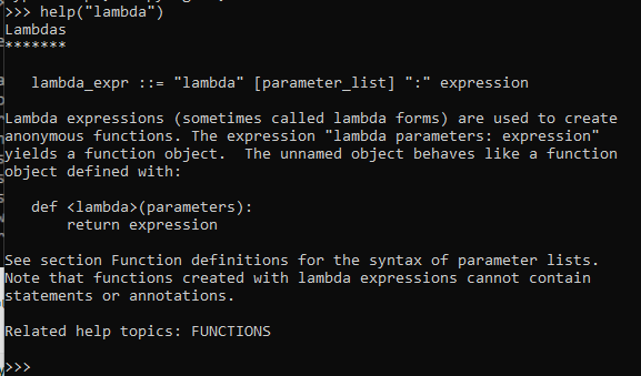 Using python help function with "lambda" as the arguments