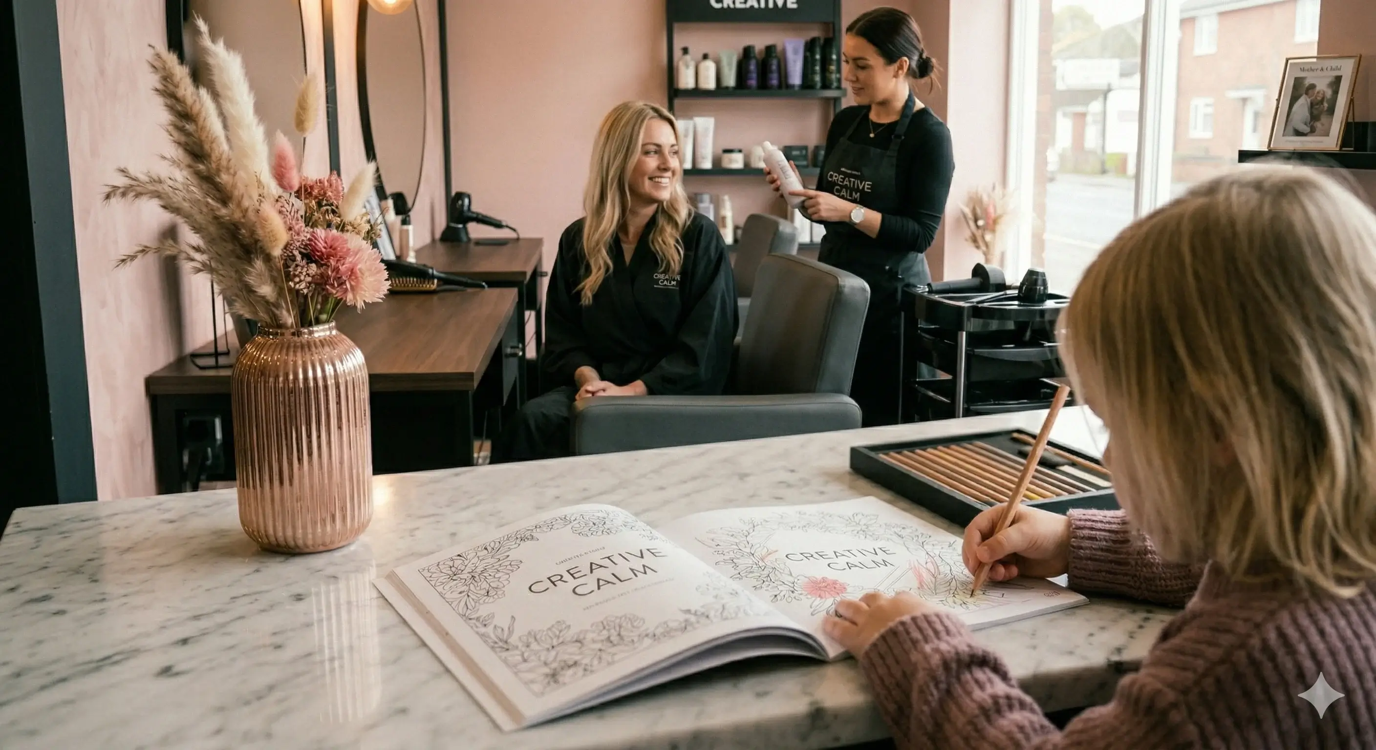A young child colors in a book at a modern hair salon while an adult woman speaks with a stylist in the background.