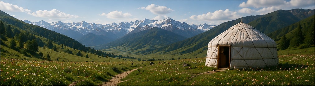 Mountain valley and traditional yurt in Kyrgyzstan.