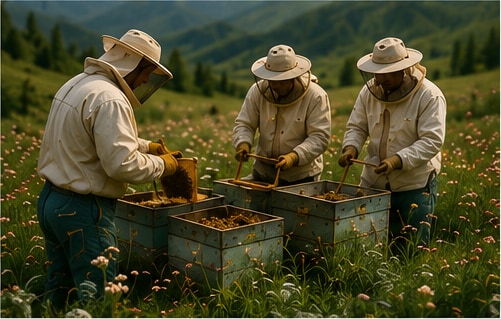 Kyrgyz beekeepers working together.