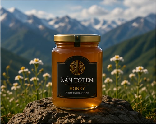 Honey jar presented against the mountains of Kyrgyzstan.