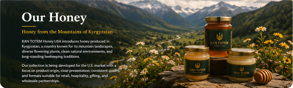 Kyrgyz honey presented in a mountain valley.