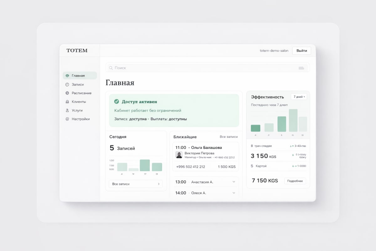 Интерфейс кабинета TOTEM