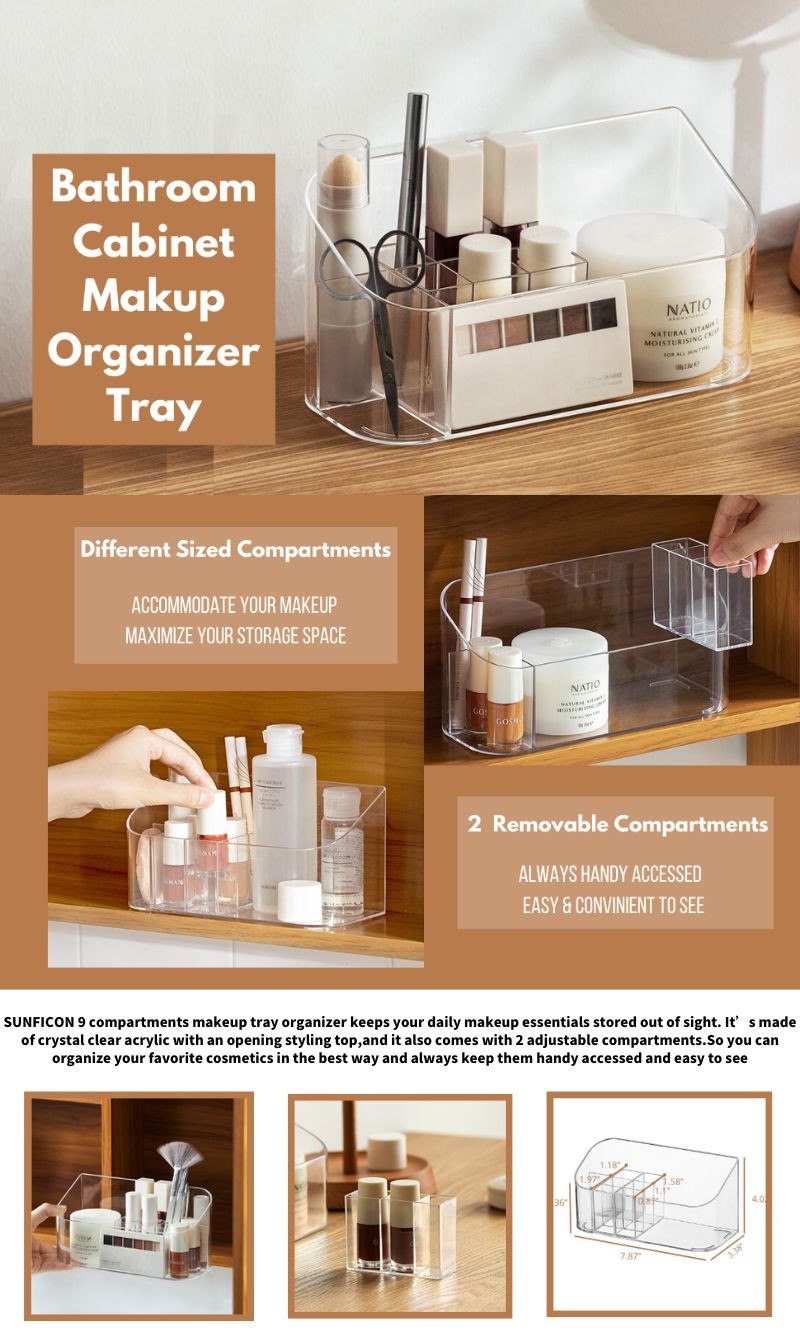 SUNFICON Makeup Tray Holder Organizer Cosmetic Display Case Tabletop  Desktop Vanity Countertop Bathroom Wall Cabinet Medicine Storage Box 9  Dividers 2