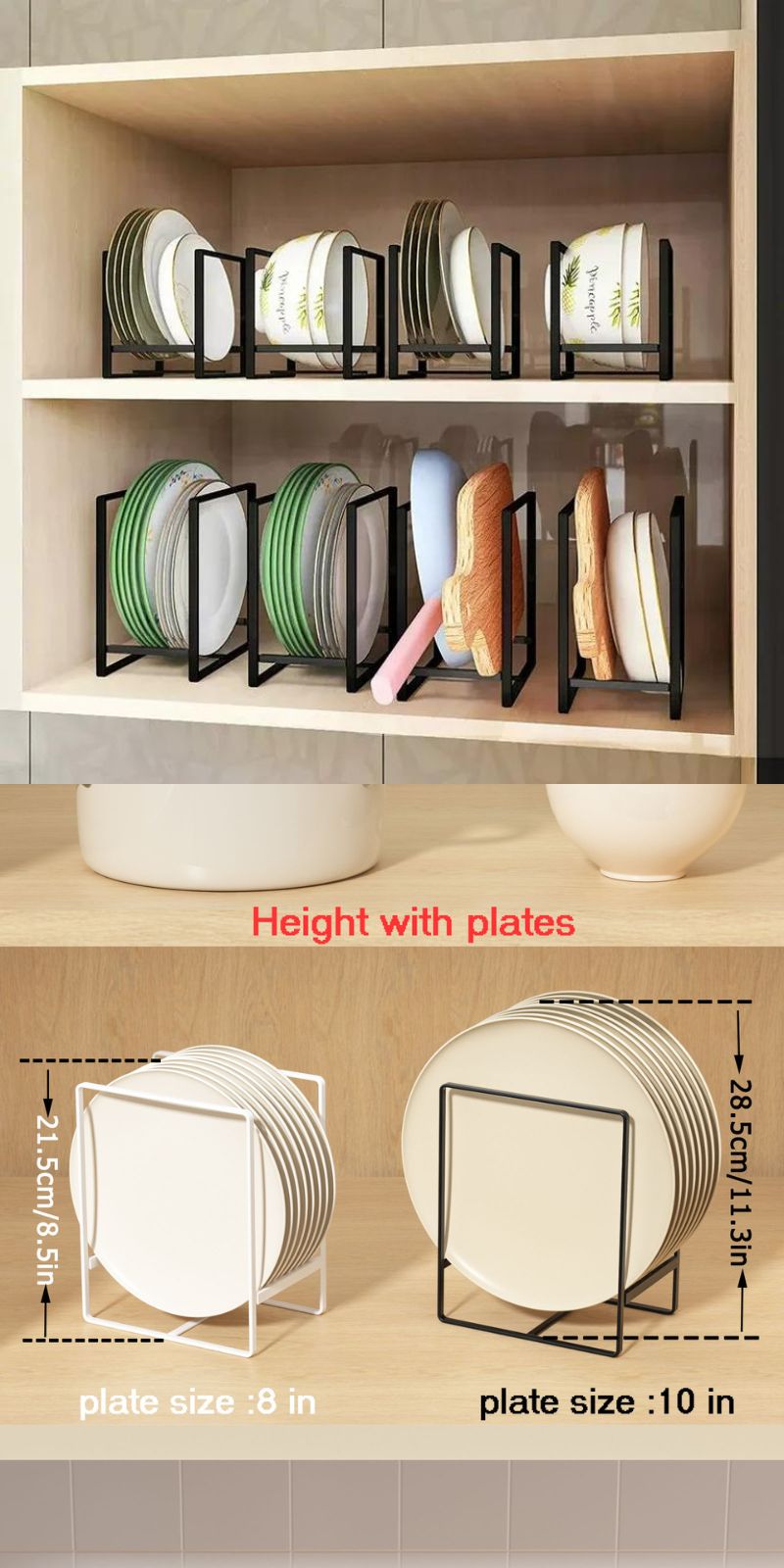 SUNFICON 3 Pack Plate Holders Organizer, Metal Dish Storage Dying Display Rack for Cabinet, Counter and Cupboard - Black, 2 Large and 1 Small, Size