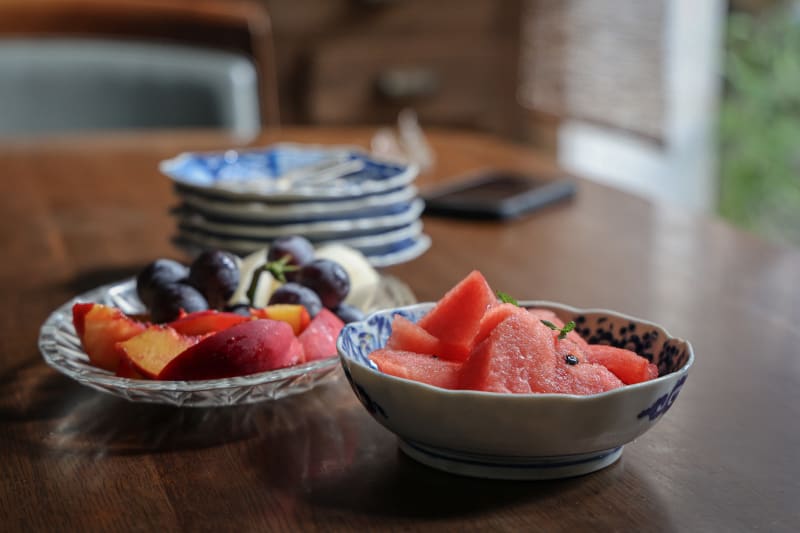 Japanese tea and seasonal fruit served in a private machiya townhouse in Takayama