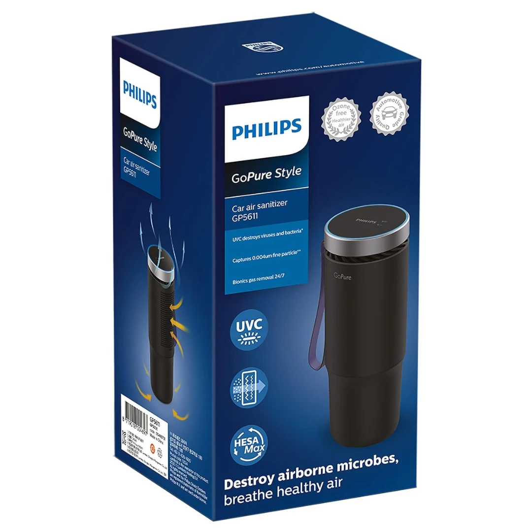 Philips GoPure GP5611 Cup Holder Car Air Purifier – Removes Dust, Allergens & Odors