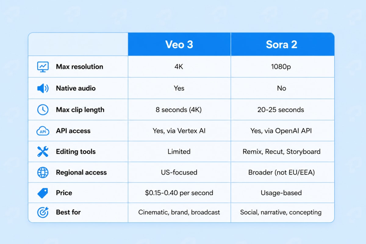 Infographic comparison of Veo 3 and Sora 2 showing differences in 4K vs 1080p resolution, native audio support, clip length, API access, editing tools, regional availability, pricing, and best use cases on a sky blue background with subtle ThePromptBuddy watermark Veo 3 vs Sora 2 Comparison Table – Features, Pricing, and Capabilities