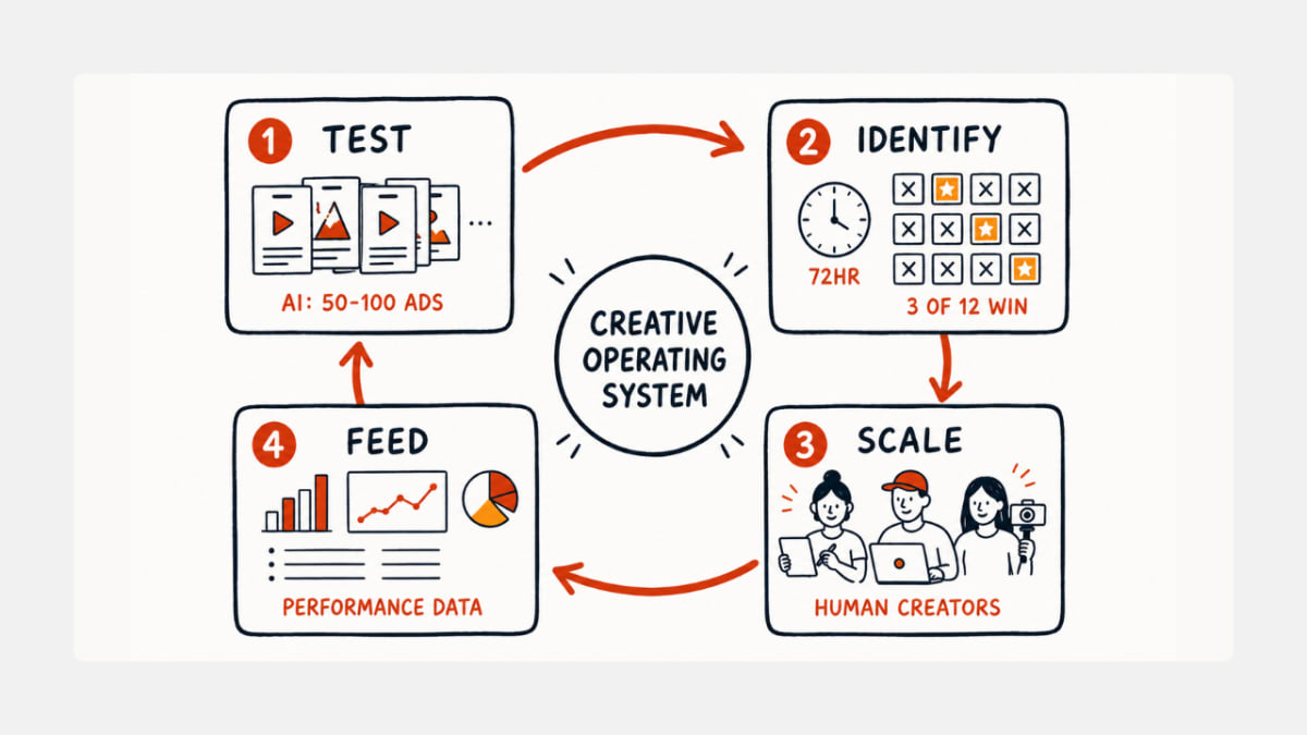 AI UGC creative velocity flywheel: test, identify, scale, and feed performance data.
