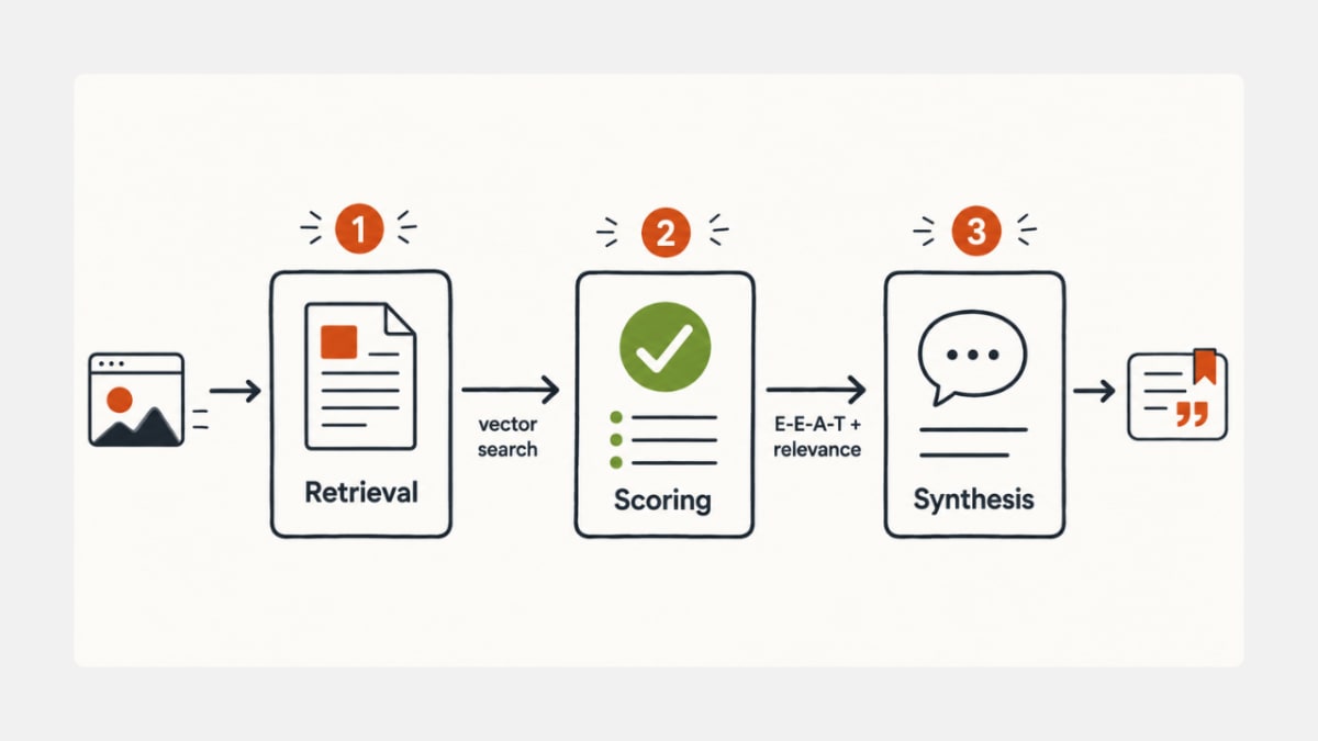 Three-stage AI citation pipeline: retrieval, scoring, synthesis.