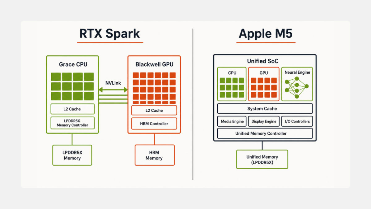 Architecture comparison between NVIDIA RTX Spark and Apple M5