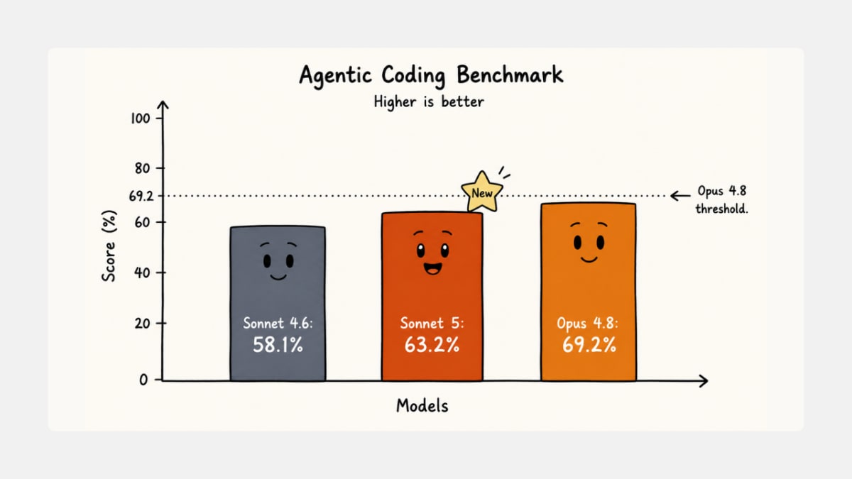 Claude Sonnet 5 agentic coding benchmark vs Sonnet 4.6 and Opus 4.8.