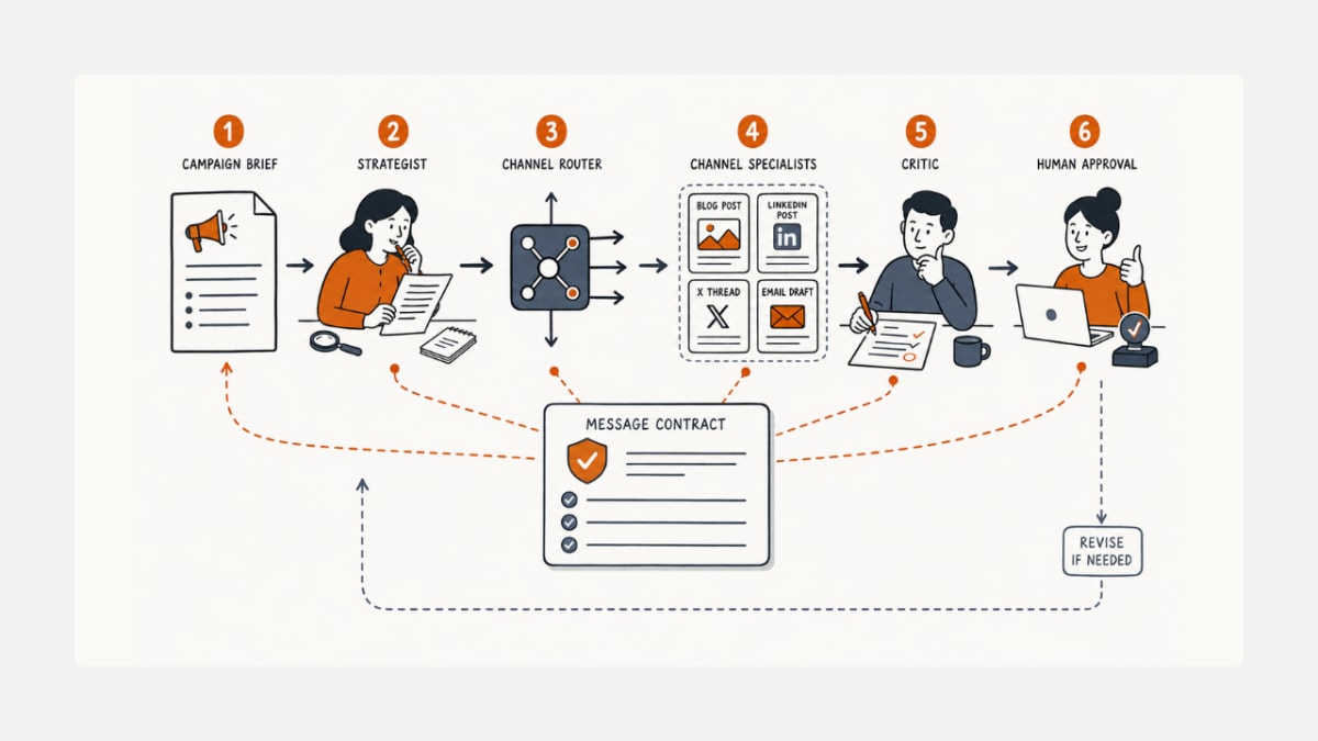 Explainer diagram of a six-stage marketing agent loop for content creation