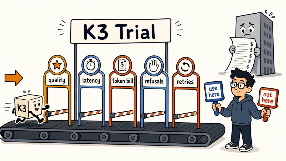 A funny Kimi K3 evaluation treadmill with checkpoints for quality, latency, token bill, refusals, and retries.