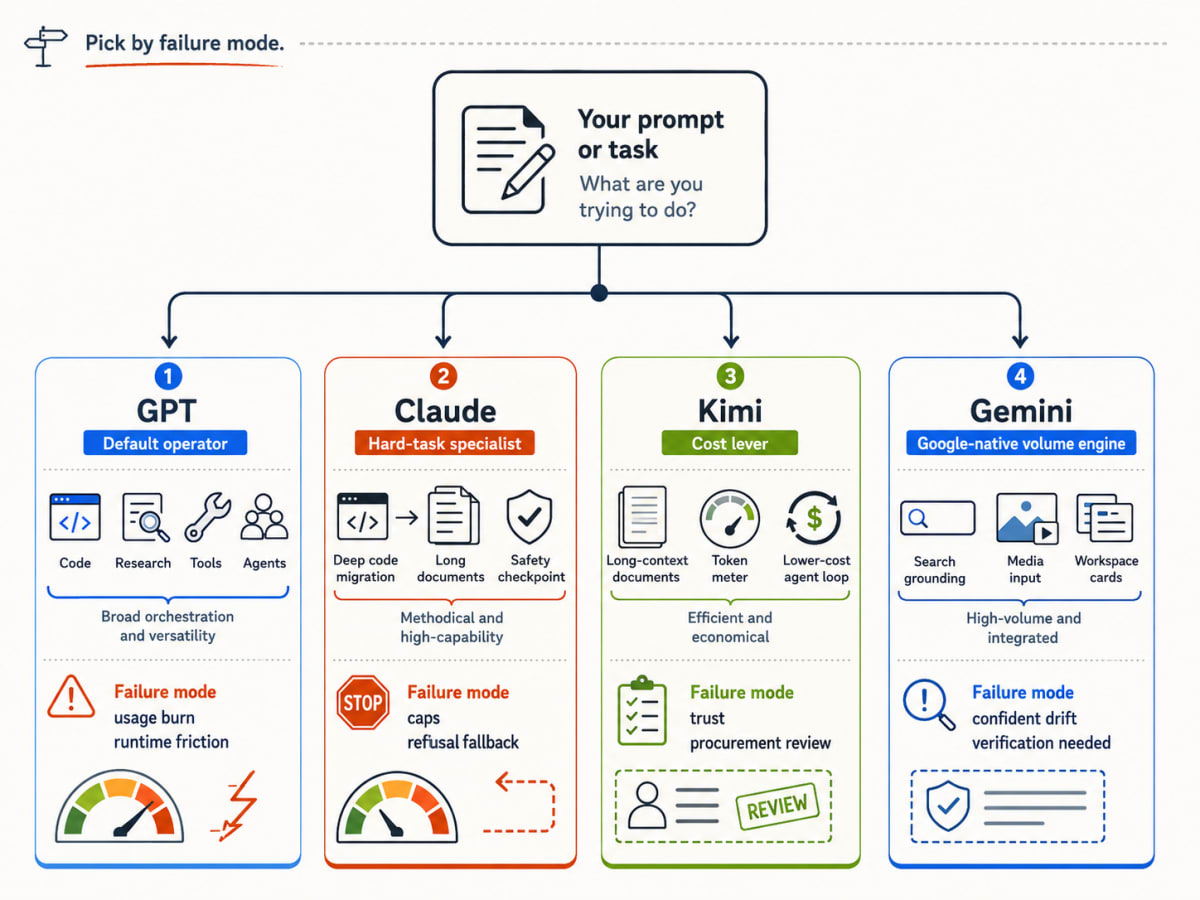 Routing diagram showing GPT, Claude, Kimi, and Gemini matched to their best workflow role and main failure mode.