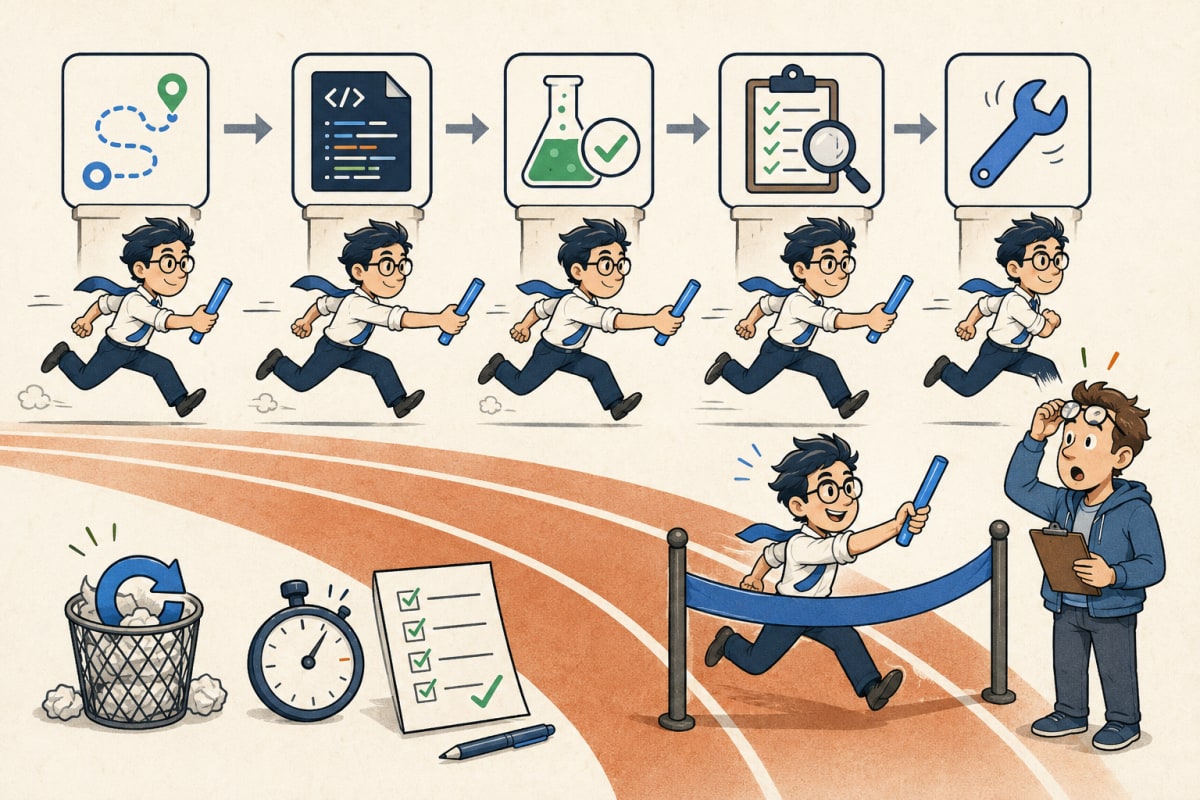 A cartoon AI agent runs a relay through planning, coding, testing, review, and fixing before handing finished work to an engineer.