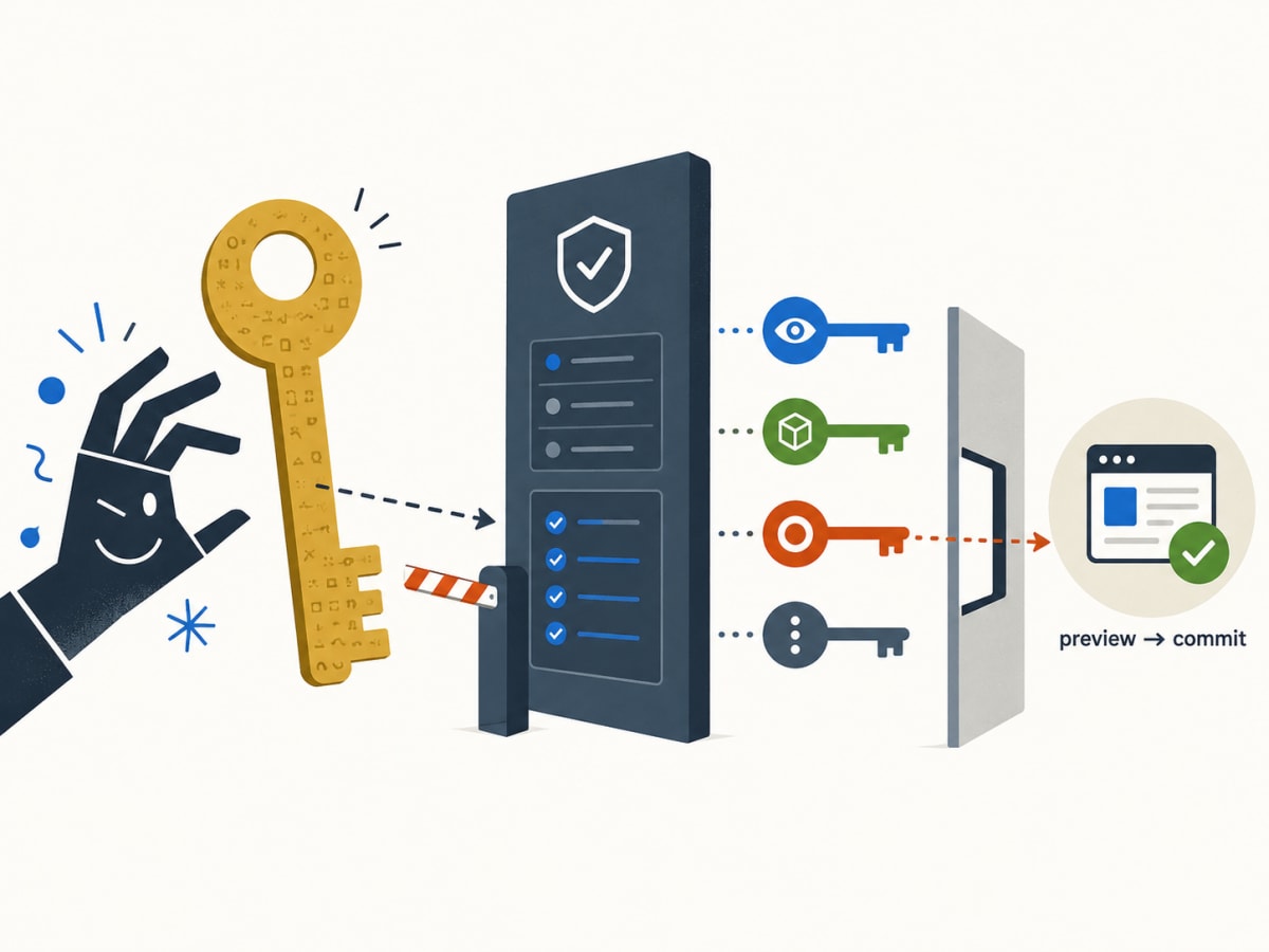 An oversized universal key is blocked while a server grants the AI one narrow, audited action through a preview-to-commit gate.