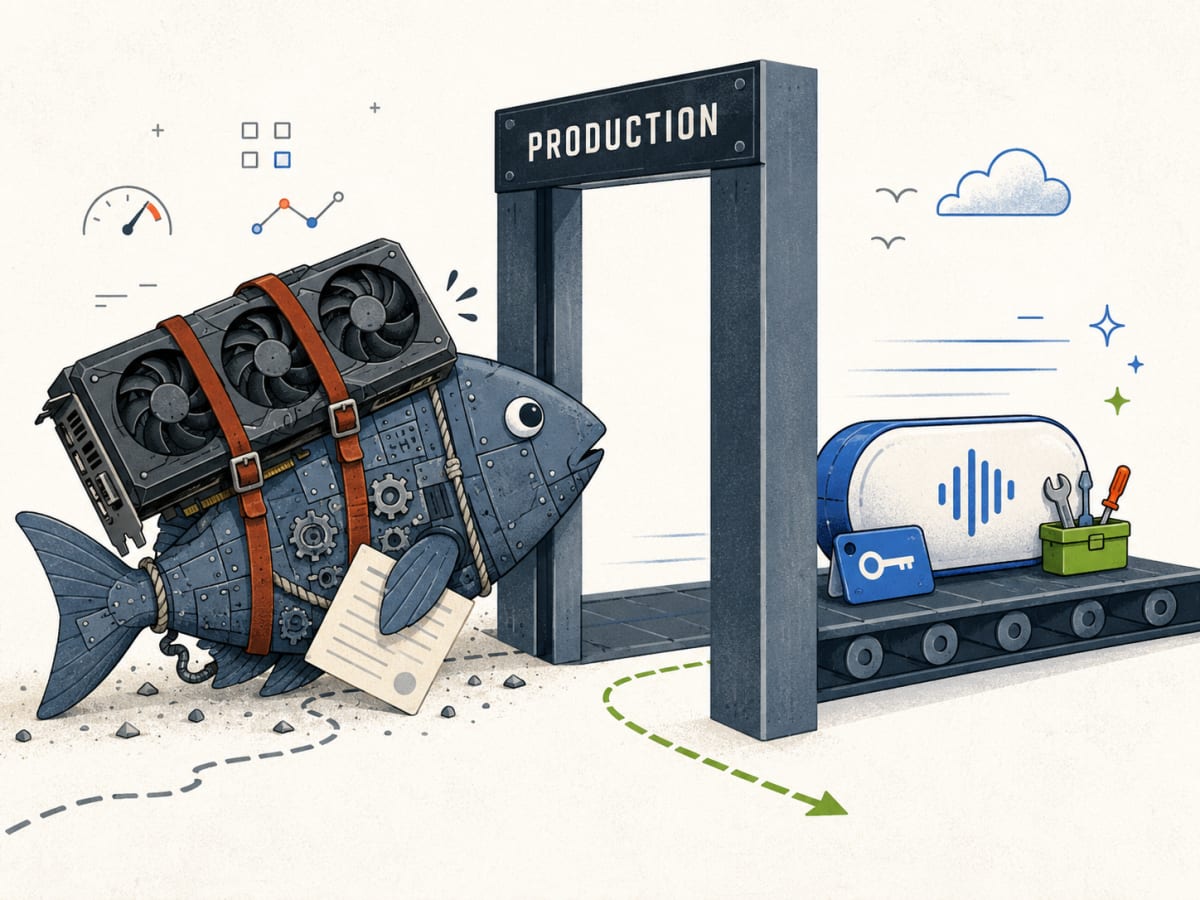 An open-weight voice model struggles through production with a large GPU and legal papers while a hosted platform passes easily with a compact toolkit.