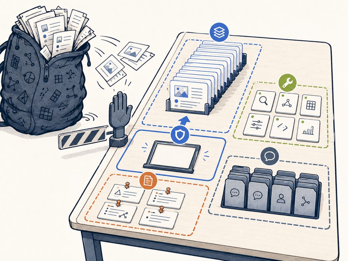 An overloaded context-window desk protects output space while sorting evidence, tools, instructions, and conversation history.