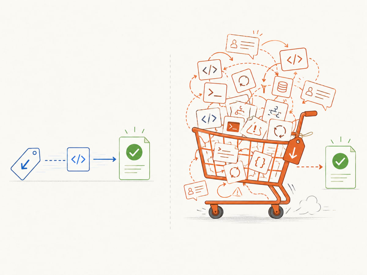 A discounted AI workflow finishes cleanly on one side while a retry-filled cart shows how tool calls and review work can erase the savings.