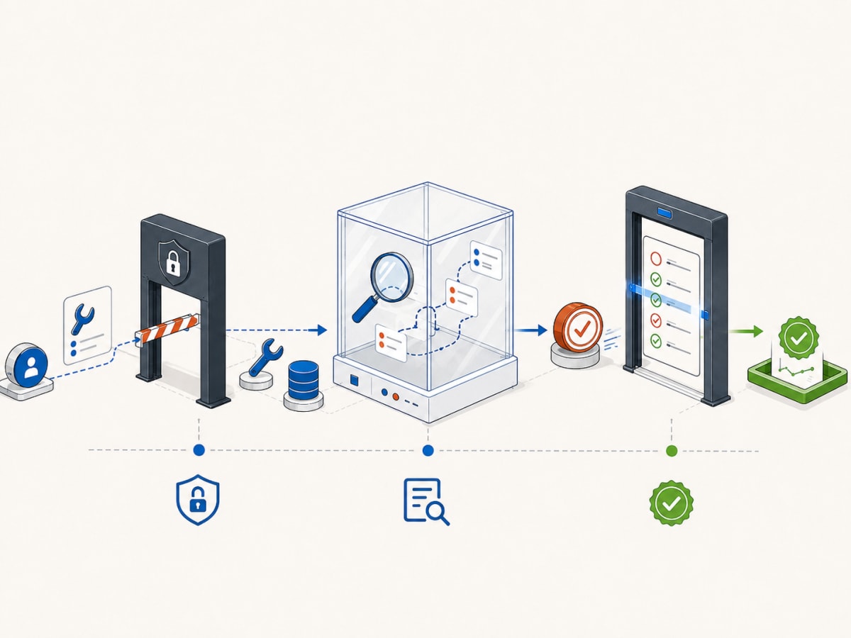 An AI agent passes through a permission gate, an audit booth, and a final verification checkpoint while its premature completion stamp is rejected.